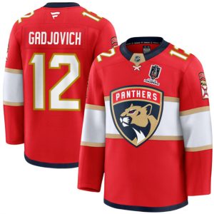 Florida Panthers #12 Jonah Gadjovich Red Home 2025 Stanley Cup Champions Patch Stitched Jersey