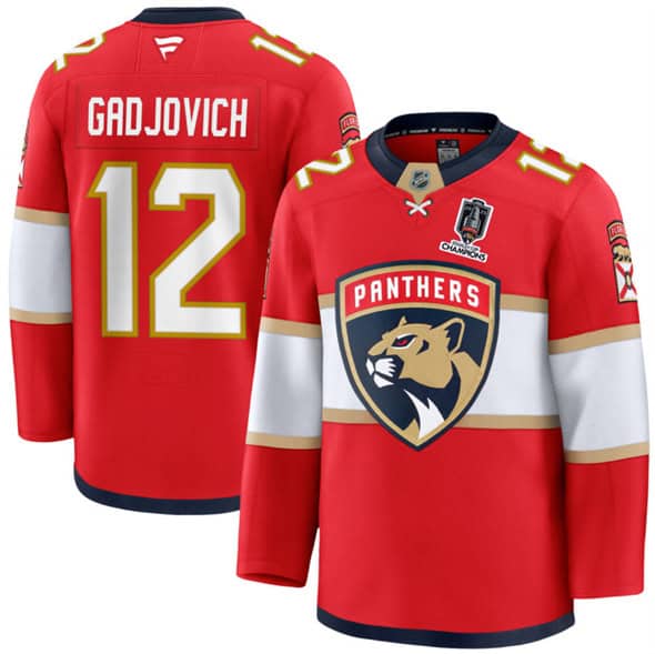 Florida Panthers #12 Jonah Gadjovich Red Home 2025 Stanley Cup Champions Patch Stitched Jersey