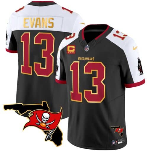 Tampa Bay Buccaneers #13 Mike Evans Black White With Florida Patch Gold Trim Vapor Stitched Jersey