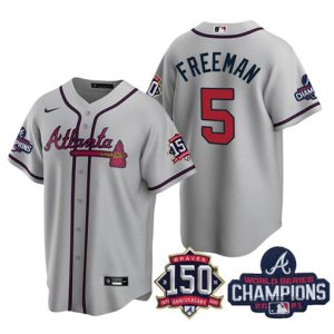 Atlanta Braves #5 Freddie Freeman 2021 Gray World Series Champions With 150th Anniversary Patch Cool Base Stitched Jersey