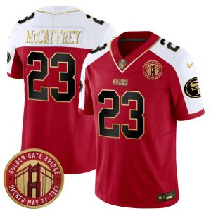 San Francisco 49ers #23 Christian McCaffrey Red F.U.S.E. Golden Gate Bridge Patch Alternate Vapor Limited Stitched Jersey