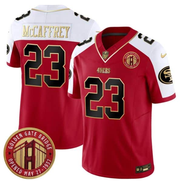 San Francisco 49ers #23 Christian McCaffrey Red F.U.S.E. Golden Gate Bridge Patch Alternate Vapor Limited Stitched Jersey