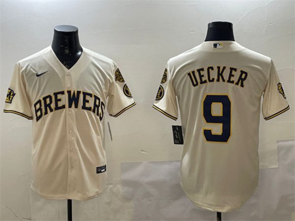 Milwaukee Brewers #9 Bob Uecker Cream With Home Patch Stitched Jersey