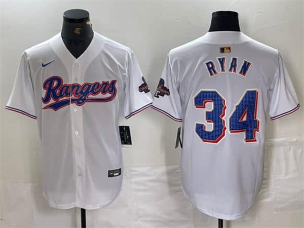 Texas Rangers #34 Nolan Ryan White Gold Cool Base Stitched Jersey