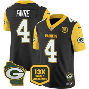 Green Bay Packers #4 Brett Favre Black 2024 F.U.S.E. 13 Time World Champions And Home Patch Vapor Untouchable Limited Stitched Jersey