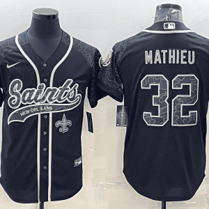 New Orleans Saints #32 Tyrann Mathieu Black Reflective With Patch Cool Base Stitched Baseball Jersey