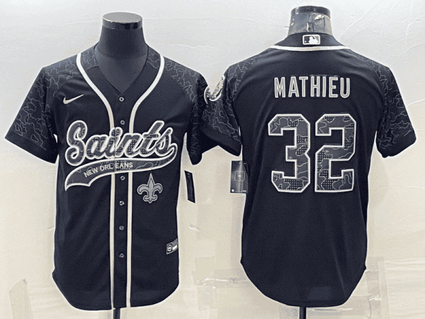 New Orleans Saints #32 Tyrann Mathieu Black Reflective With Patch Cool Base Stitched Baseball Jersey