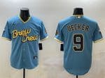 Milwaukee Brewers #9 Bob Uecker Powder Blue City Connect With Patch Cool Base Stitched Jersey