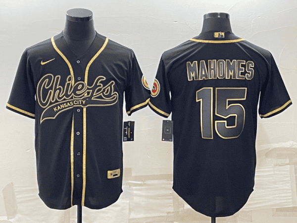 Kansas City Chiefs #15 Patrick Mahomes Black Gold With Patch Cool Base Stitched Baseball Jersey