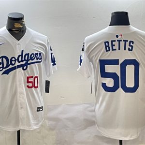 Los Angeles Dodgers #50 Mookie Betts White 2024 World Series With Fernando Memorial Patch Home Limited Stitched Jersey