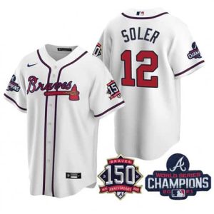 Atlanta Braves #12 Jorge Soler 2021 White World Series Champions With 150th Anniversary Patch Cool Base Stitched Jersey