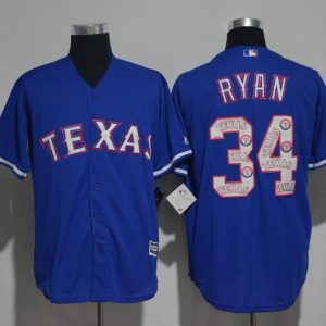 Texas Rangers #34 Nolan Ryan Blue Team Logo Print Cool Base Stitched Jersey