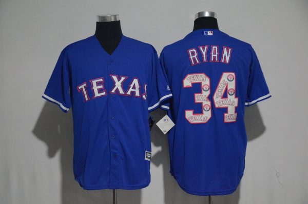 Texas Rangers #34 Nolan Ryan Blue Team Logo Print Cool Base Stitched Jersey