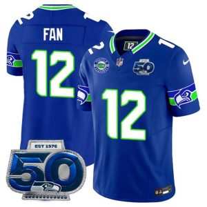 Seattle Seahawks #12 Fan Royal 2025 F.U.S.E 50th Season Patch Throwback Vapor Limited Football Stitched Jersey