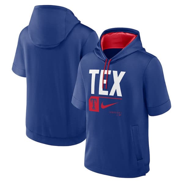 Texas Rangers Royal Tri Code Lockup Short Sleeve Pullover Hoodie