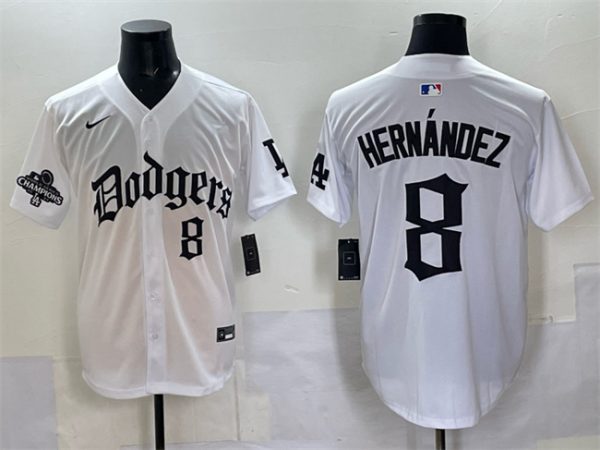 Los Angeles Dodgers #8 Enrique Hernandez White 2025 LA Gothic Style With 2024 World Series Champions Patch Vapor Premier Limited Stitched Jersey