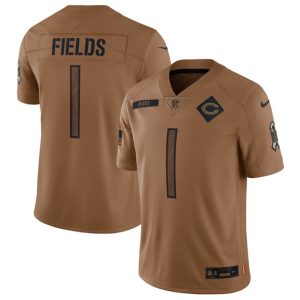 Chicago Bears #1 Justin Fields 2023 Brown Salute To Service Limited Stitched Jersey