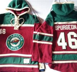 Wild #46 Jared Spurgeon Red Sawyer Hooded Sweatshirt Stitched Jersey