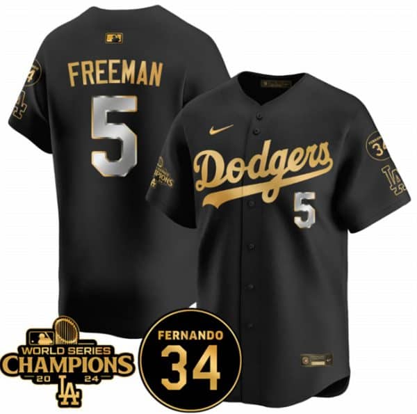 Los Angeles Dodgers #5 Freddie Freeman Black Gold 2024 World Series Champions Fernando Memorial Patch Vapor Premier Limited Stitched Jersey