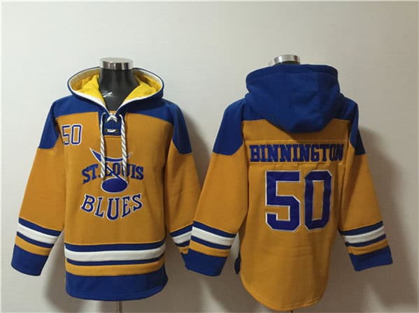 St. Louis Blues #50 Jordan Binnington Yellow Ageless Must-Have Lace-Up Pullover Hoodie