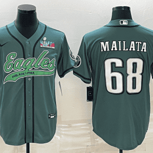 Philadelphia Eagles #68 Jordan Mailata Green With Super Bowl LVII Patch Cool Base Stitched Baseball Jersey