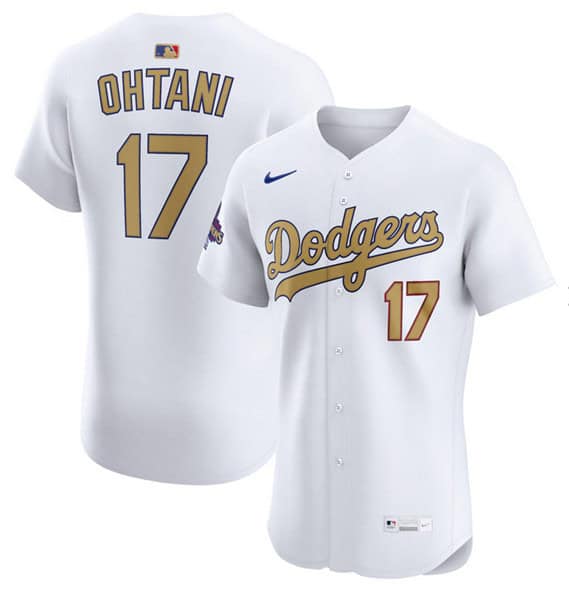 Los Angeles Dodgers #17 Shohei Ohtani White 2025 Gold Collection Elite Stitched Jersey