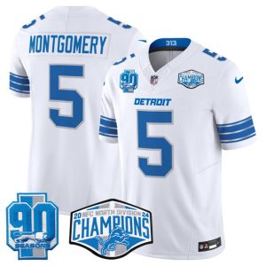 Detroit Lions #5 David Montgomery White 2024 NFC North Champions 90th Anniversary Patch F.U.S.E. Vapor Limited Stitched Jersey