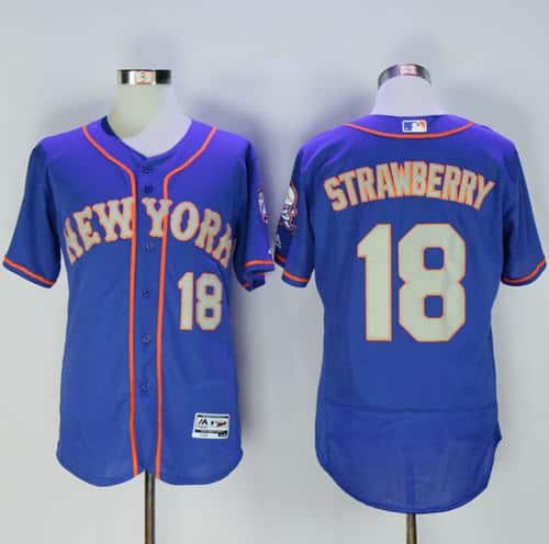 Mets #18 Darryl Strawberry Blue(Grey NO.) Flexbase Authentic Collection Stitched Jersey