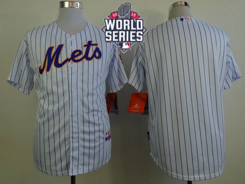 Mets Blank White(Blue Strip) Home Cool Base W 2015 World Series Patch Stitched Jersey