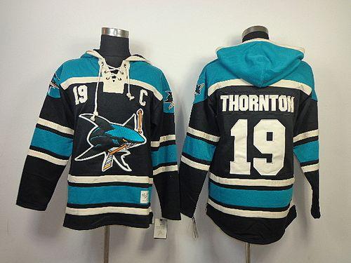 Sharks #19 Joe Thornton Black Sawyer Hooded Sweatshirt Stitched Jersey