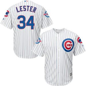 Cubs #34 Jon Lester White Strip New Cool Base With 100 Years At Wrigley Field Commemorative Patch Stitched Jersey