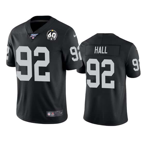 Raiders #92 P.J. Hall Black 100th Season With 60 Patch Vapor Limited Stitched Jersey