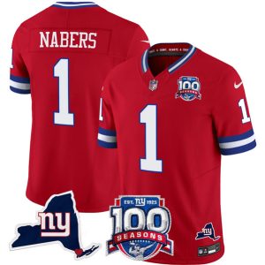 New York Giants #1 Malik Nabers Red 2024 F.U.S.E. 100th Season And State Patch Vapor Limited Stitched Jersey