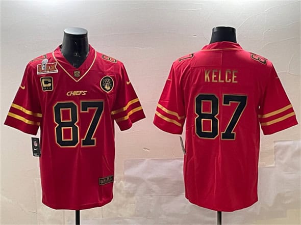 Kansas City Chiefs #87 Travis Kelce Red Gold 2025 Super Bowl LIX Patch And 4-Star C Patch Vapor Untouchable Limited Stitched Jersey