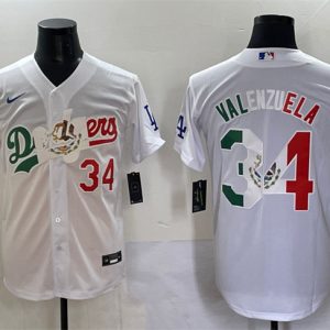 Los Angeles Dodgers #34 Fernando Valenzuela White Mexico Special Vin Scully Patch Stitched Jersey