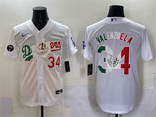 Los Angeles Dodgers #34 Fernando Valenzuela White Mexico Special Vin Scully Patch Stitched Jersey