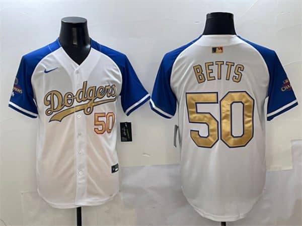 Los Angeles Dodgers #50 Mookie Betts White Royal Gold 2024 World Series Champions Vapor Limited Stitched Jersey