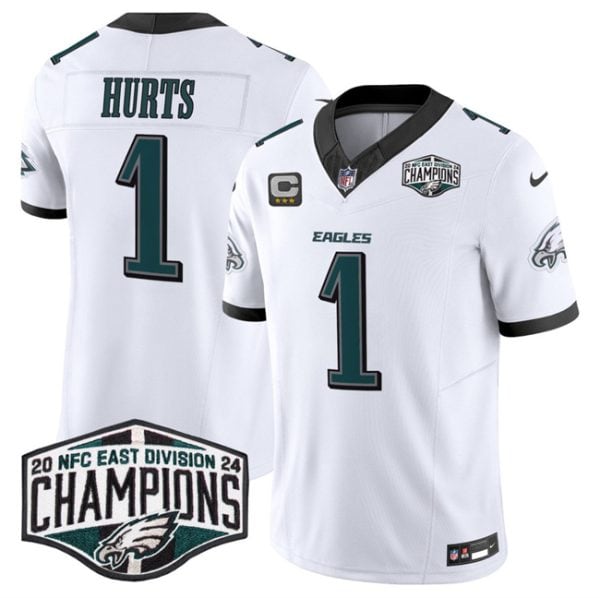 Philadelphia Eagles #1 Jalen Hurts White 2024 New NFC East Champions With 3-Star C Patch F.U.S.E. Vapor Untouchable Limited Stitched Jersey