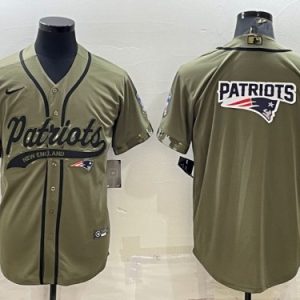 New England Patriots Olive Salute To Service Team Big Logo Cool Base Stitched Baseball Jersey