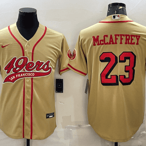 San Francisco 49ers #23 Christian McCaffrey New Gold With Patch Cool Base Stitched Baseball Jersey