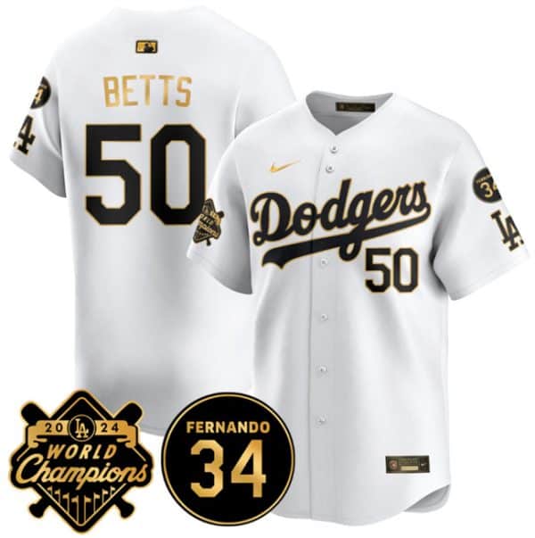 Los Angeles Dodgers #50 Mookie Betts White Gold 2024 World Champions Fernando Memorial Patch Vapor Premier Limited Stitched Jersey