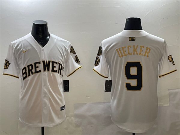 Milwaukee Brewers #9 Bob Uecker White Gold With Home Patch Limited Stitched Jersey