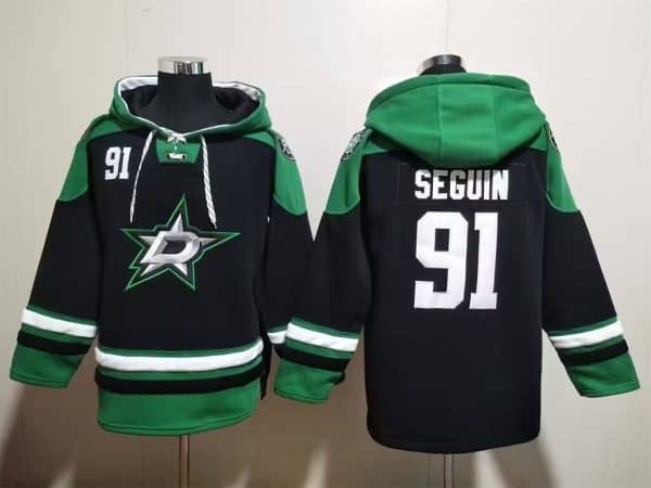 Dallas Stars #91 Tyler Seguin Black Green Lace-Up Pullover Hoodie