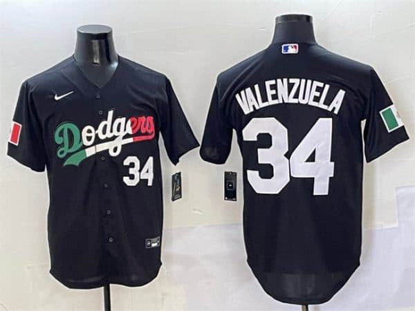 Los Angeles Dodgers #34 Fernando Valenzuela Black Mexico Flag Cool Base Stitched Jersey