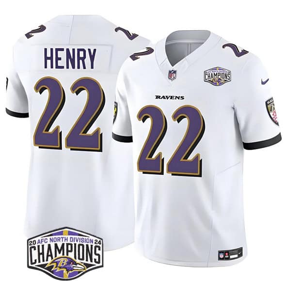 Baltimore Ravens #22 Derrick Henry White F.U.S.E. 2024 AFC North Division Champions Vapor Limited Jersey