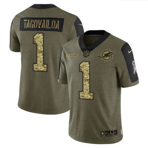 Miami Dolphins #1 Tua Tagovailoa 2021 Olive Camo Salute To Service Limited Stitched Jersey