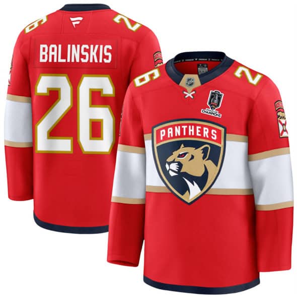 Florida Panthers #26 Uvis Balinskis Red Home 2025 Stanley Cup Champions Patch Stitched Jersey