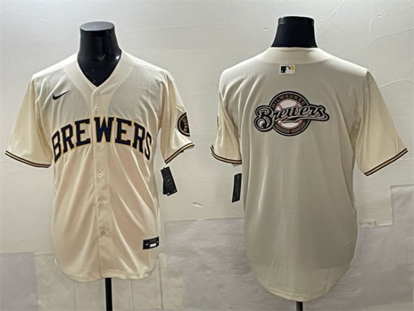 Milwaukee Brewers Team Big Logo Cream Home Limited Stitched Jersey