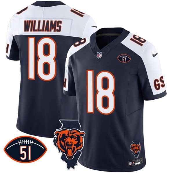 Chicago Bears #18 Caleb Williams White Navy F.U.S.E. With Illinois And No. 51 Patch Stitched Jersey