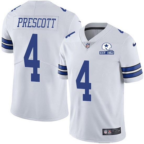 Dallas Cowboys #4 Dak Prescott White With Est 1960 Patch Limited Stitched Jersey